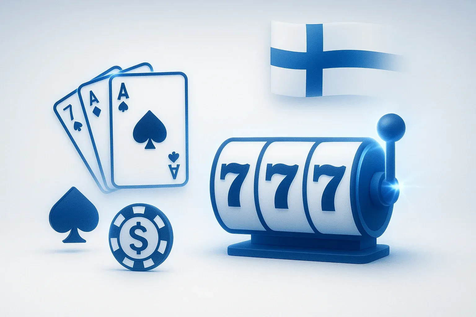 Skandinaavinen minimalistinen nettikasinon hero-banneri Suomen sinivalkoisilla sävyillä