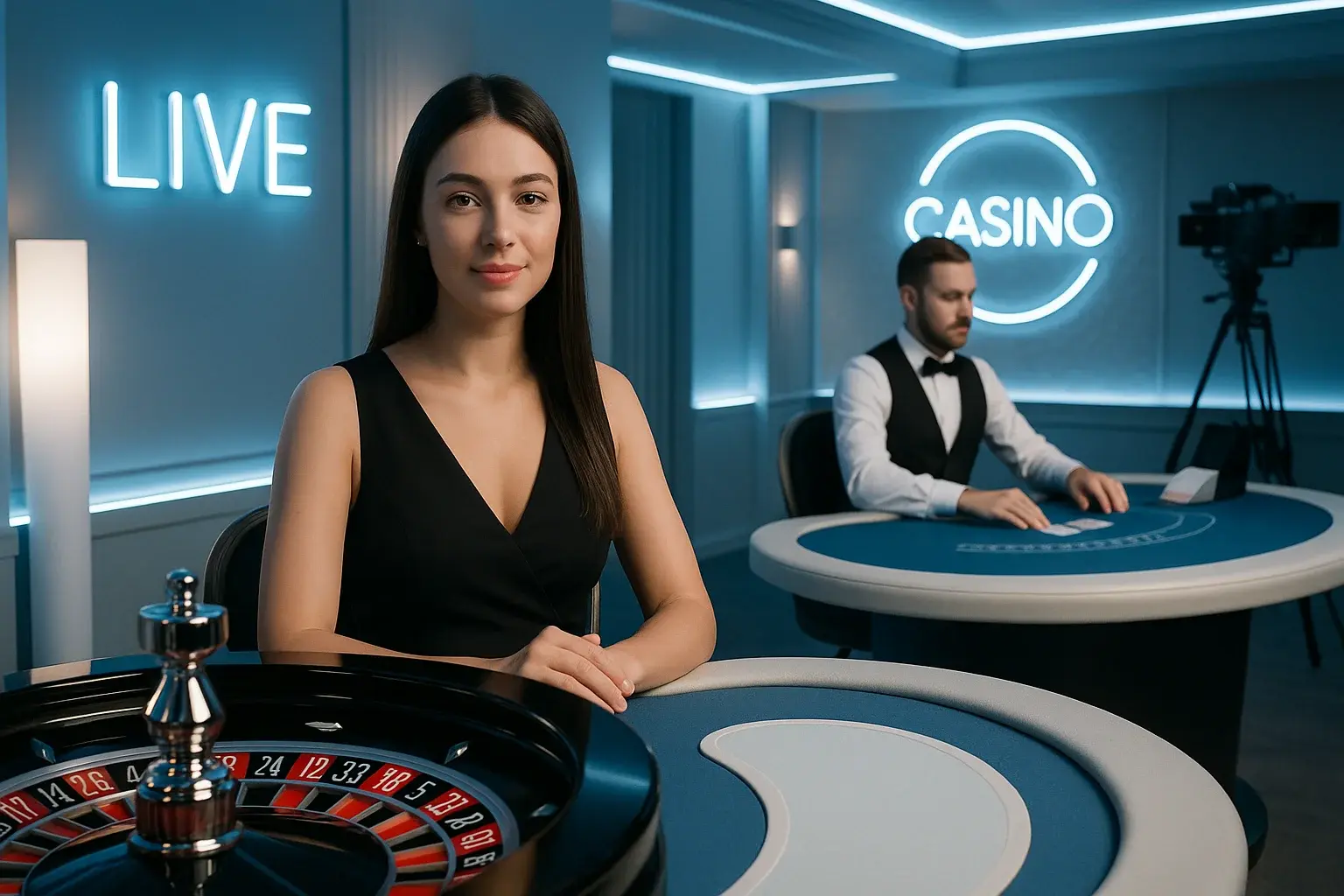 Tyylikäs livekasino studio jakajineen, ruletti- ja blackjack-pöydät, rauhallinen skandinaavinen valaistus