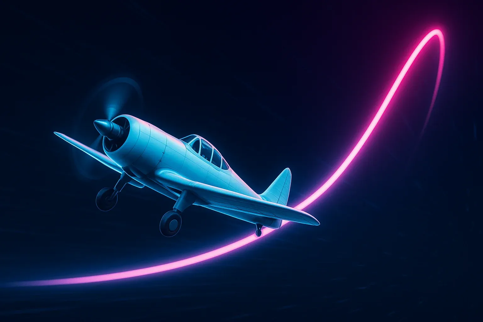 Aviator-pikapelin banneri, lentokone nousee ja hehkuva kerroinkäyrä näkyy