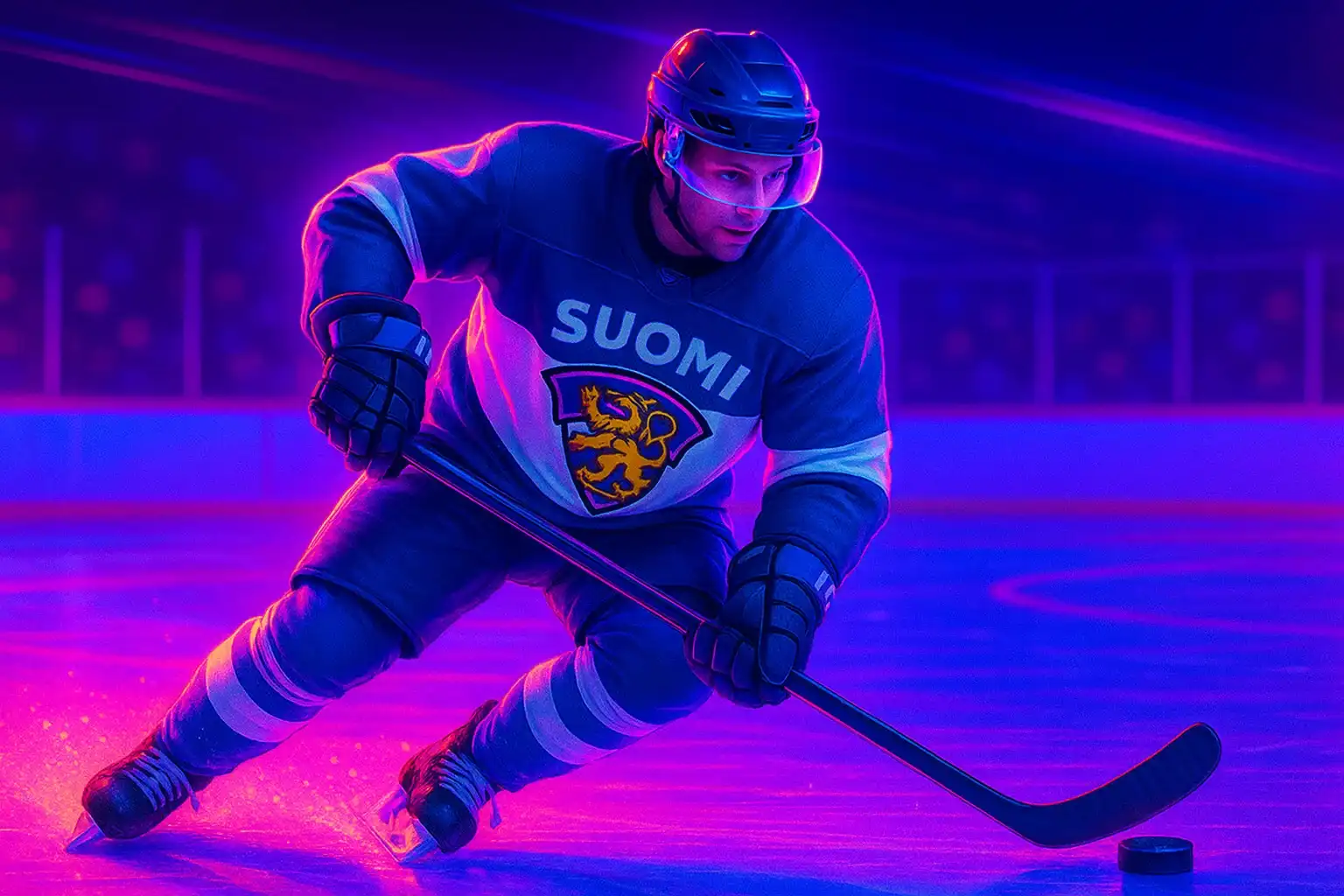 Suomalainen jääkiekon vedonlyöntibanneri, SM-liigaottelu ja Leijonat peliasu dramaattisessa valaistuksessa